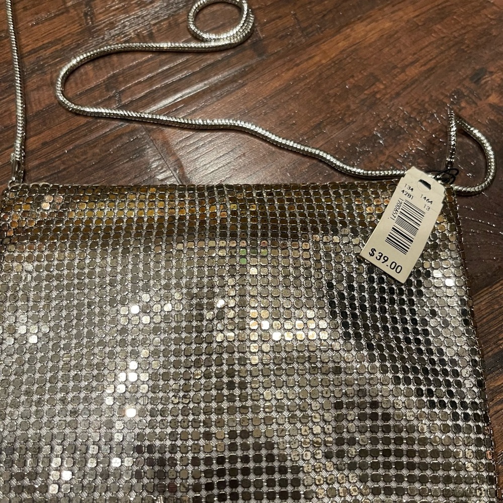 Silver purse. Carry on your shoulder or tie a knot in the chain for a wristlet.